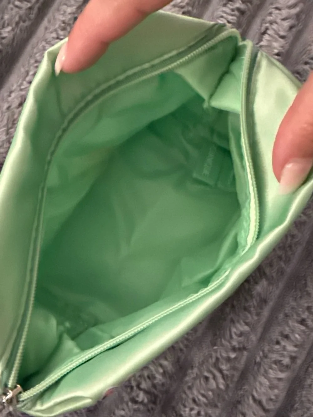 Clinique Mint Green Kids Cosmetic Pouch with Pink Accents and Patch Logos
